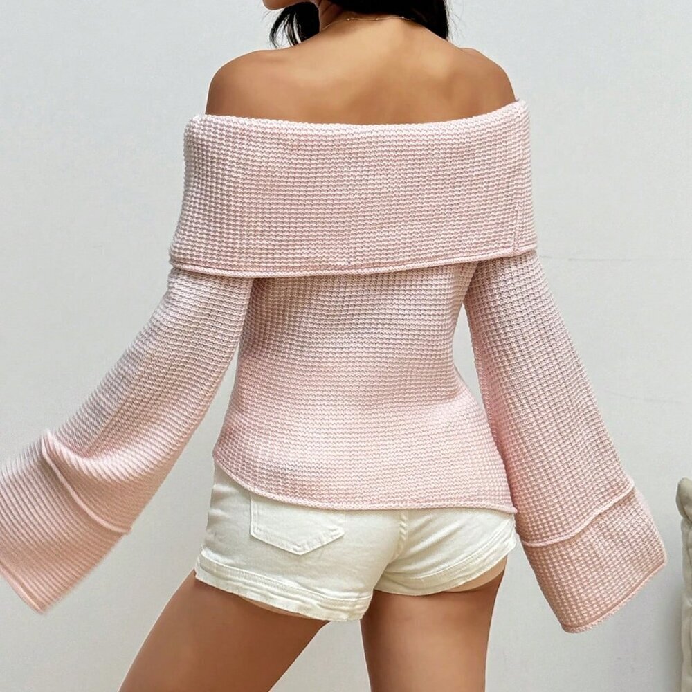 Pink Casual Women's Solid Color Off-Shoulder Flared Sleeve Loose Sweater - Picture 2 of 6